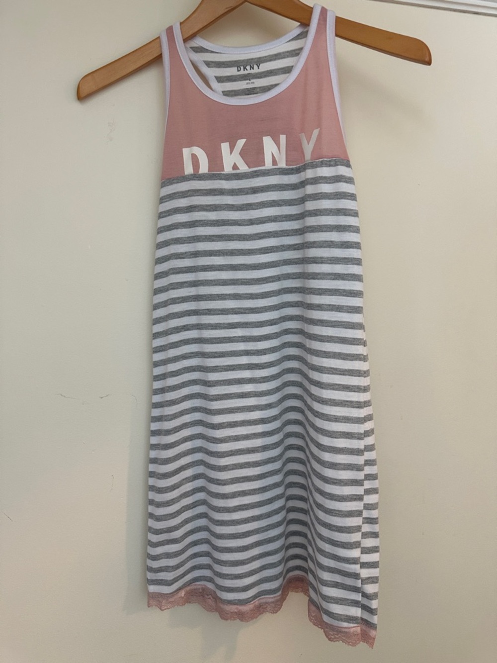 DKNY Pink Yoke Gray & White Striped Sleeveless Sleep Dress. Racerback.